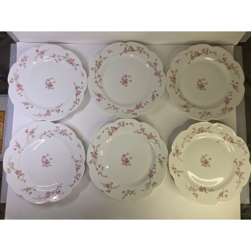 Antique Set Of 6 Haviland Limoges Scalloped Dinner Plates Floral Roses Schleiger - Picture 11 of 16